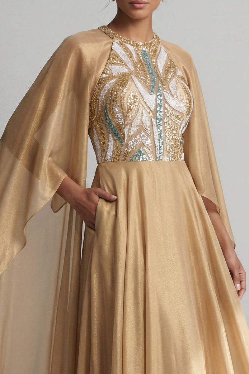 Load image into Gallery viewer, Sparkly Champagne A Line Sequin Long Formal Dress with Cape