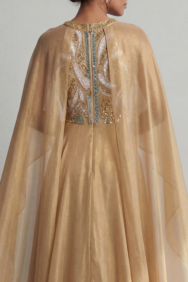 Load image into Gallery viewer, Sparkly Champagne A Line Sequin Long Formal Dress with Cape