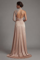 Load image into Gallery viewer, Champagne Floral Long Sheath Ruched Formal Dress with Side Cape