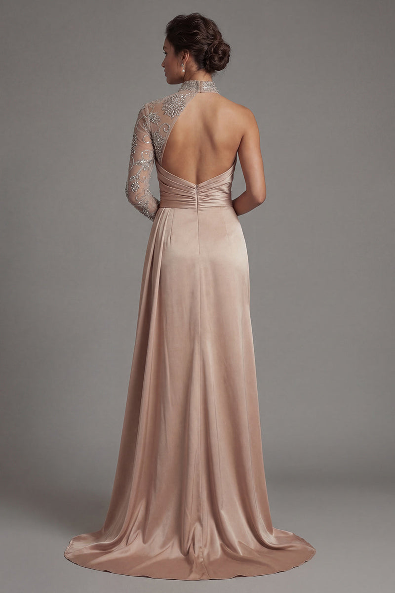 Load image into Gallery viewer, Champagne Floral Long Sheath Ruched Formal Dress with Side Cape