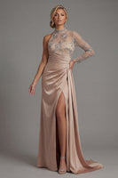 Load image into Gallery viewer, Champagne Floral Long Sheath Ruched Formal Dress with Side Cape