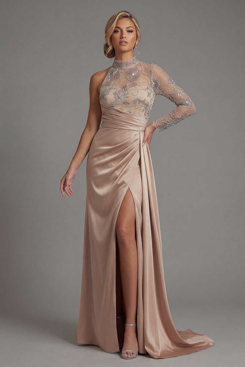 Load image into Gallery viewer, Champagne Floral Long Sheath Ruched Formal Dress with Side Cape