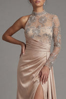 Load image into Gallery viewer, Champagne Floral Long Sheath Ruched Formal Dress with Side Cape
