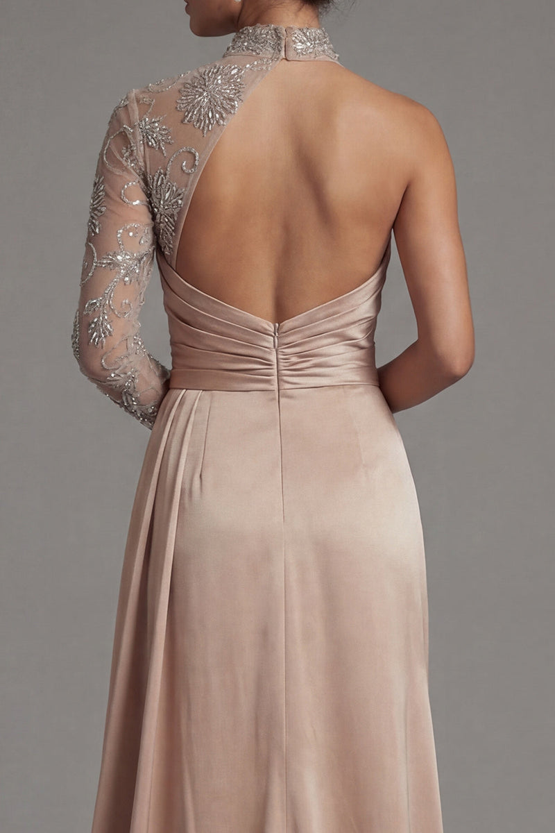 Load image into Gallery viewer, Champagne Floral Long Sheath Ruched Formal Dress with Side Cape