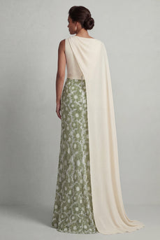 Green Mermaid Floral Long Formal Dress with Side Cape