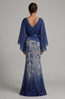 Load image into Gallery viewer, Sparkly Navy Flare Sleeves Mermaid Beaded Long Formal Dress