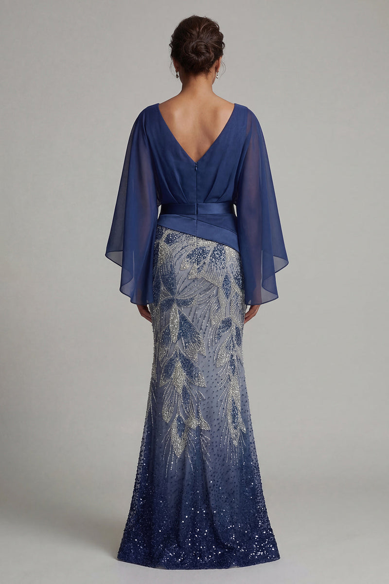 Load image into Gallery viewer, Sparkly Navy Flare Sleeves Mermaid Beaded Long Formal Dress