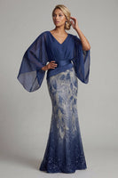 Load image into Gallery viewer, Sparkly Navy Flare Sleeves Mermaid Beaded Long Formal Dress