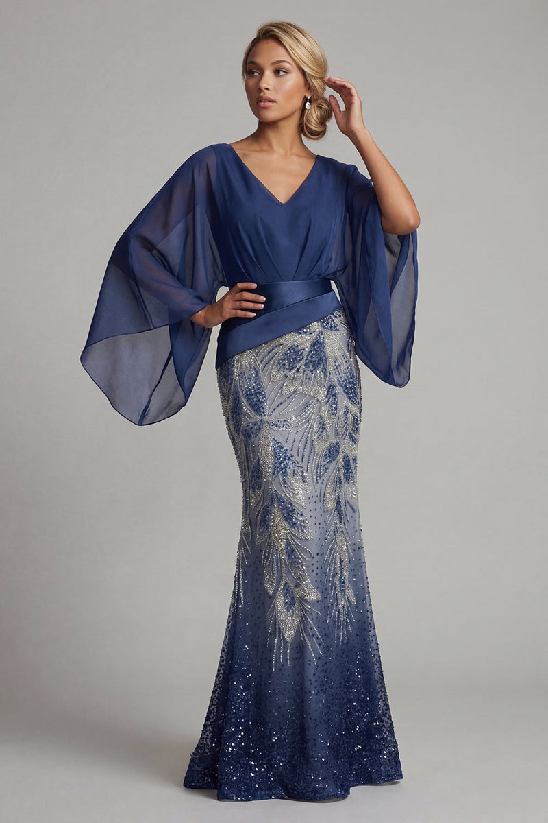 Load image into Gallery viewer, Sparkly Navy Flare Sleeves Mermaid Beaded Long Formal Dress