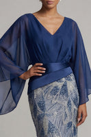 Load image into Gallery viewer, Sparkly Navy Flare Sleeves Mermaid Beaded Long Formal Dress