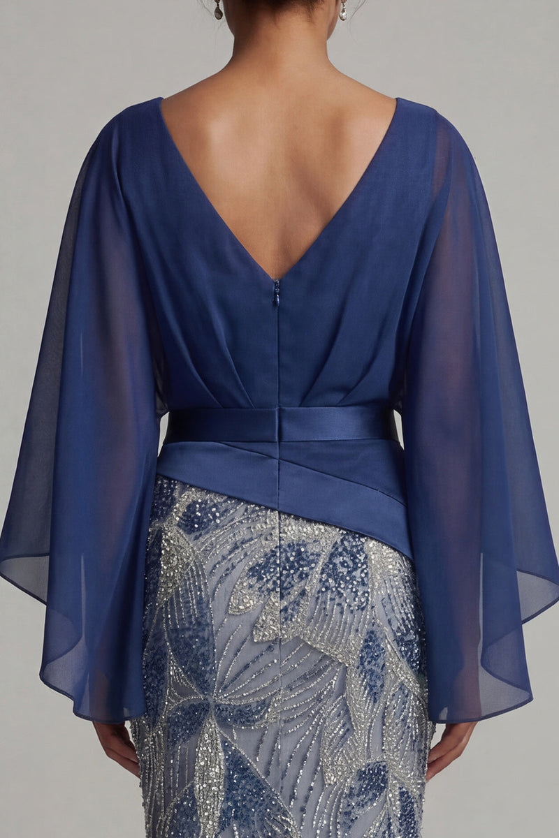 Load image into Gallery viewer, Sparkly Navy Flare Sleeves Mermaid Beaded Long Formal Dress