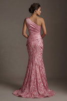 Load image into Gallery viewer, Sparkly Pink Ruched Mermaid Sequin Long Formal Dress with Bow