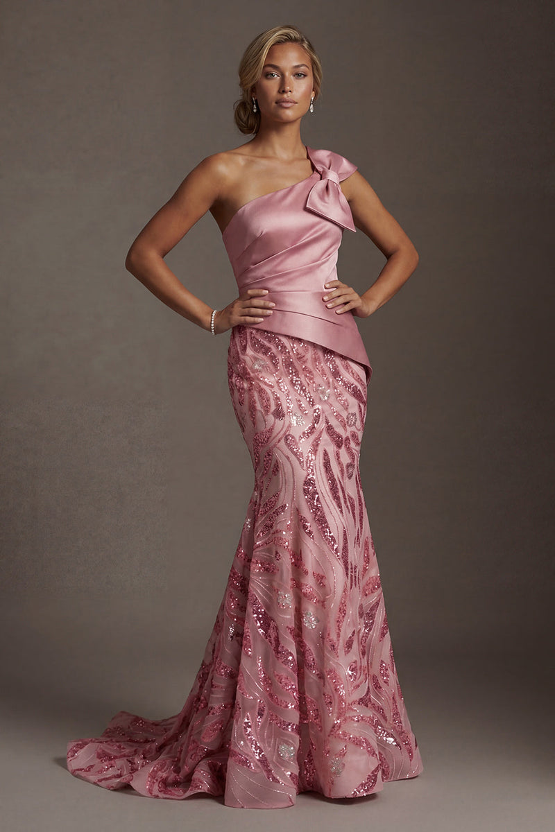 Load image into Gallery viewer, Sparkly Pink Ruched Mermaid Sequin Long Formal Dress with Bow