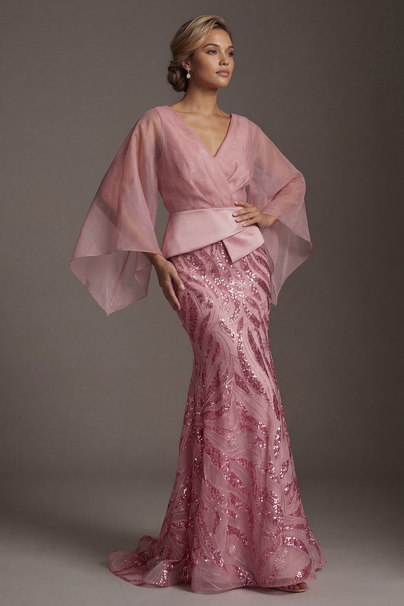 Load image into Gallery viewer, Sparkly Pink Mermaid Flare Sleeves Long Sequin Formal Dress