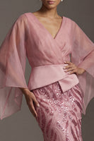 Load image into Gallery viewer, Sparkly Pink Mermaid Flare Sleeves Long Sequin Formal Dress