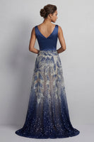 Load image into Gallery viewer, Sparkly Navy A Line Long Beaded Formal Dress with Bow