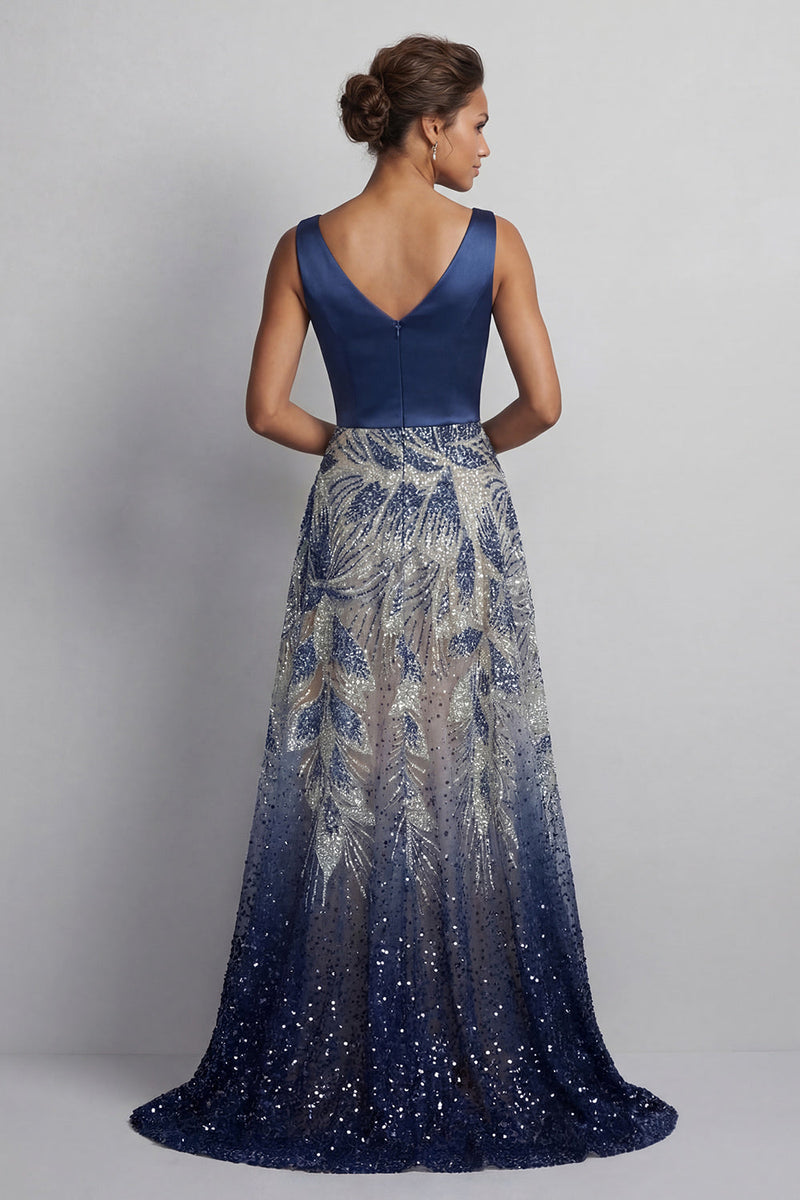 Load image into Gallery viewer, Sparkly Navy A Line Long Beaded Formal Dress with Bow
