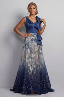Load image into Gallery viewer, Sparkly Navy A Line Long Beaded Formal Dress with Bow