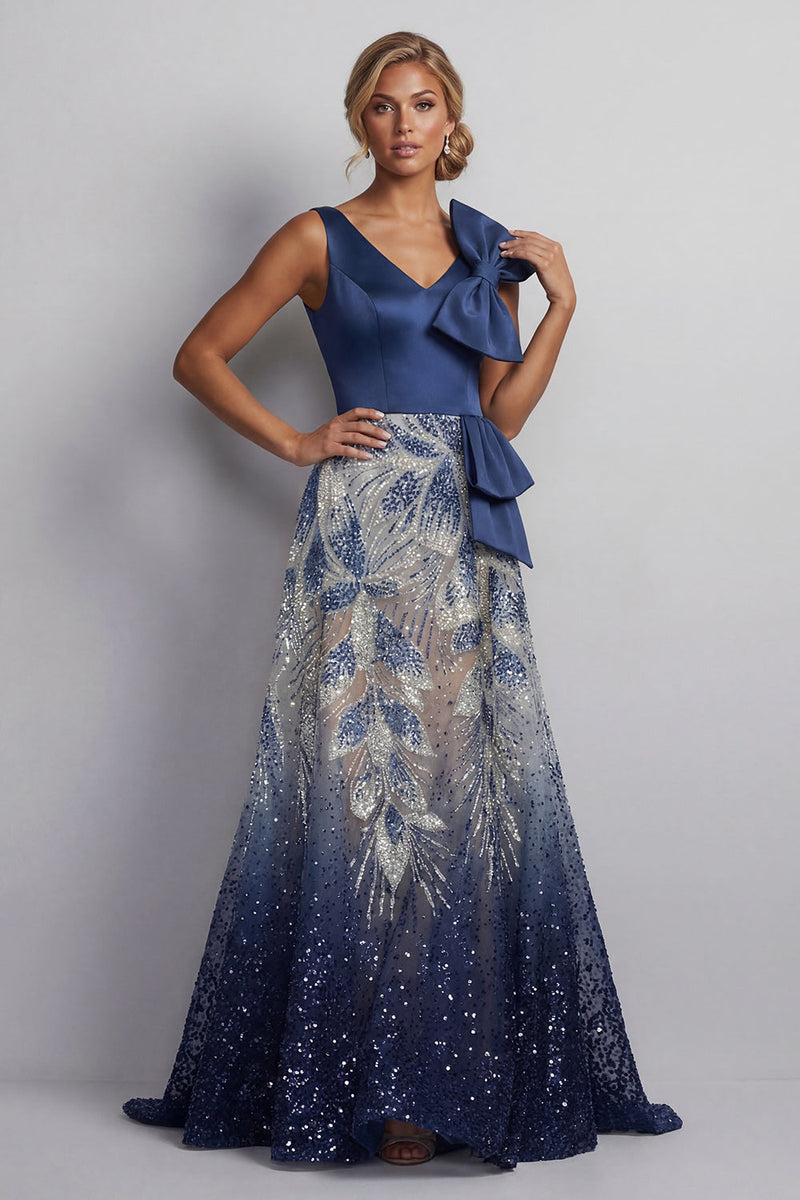 Load image into Gallery viewer, Sparkly Navy A Line Long Beaded Formal Dress with Bow