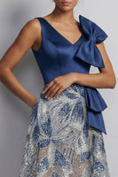 Load image into Gallery viewer, Sparkly Navy A Line Long Beaded Formal Dress with Bow