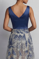 Load image into Gallery viewer, Sparkly Navy A Line Long Beaded Formal Dress with Bow