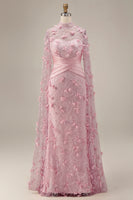 Load image into Gallery viewer, Pink Floral Ruched Mermaid Long Formal Dress with Cape