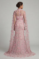 Load image into Gallery viewer, Pink Floral Ruched Mermaid Long Formal Dress with Cape