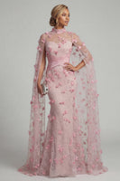 Load image into Gallery viewer, Pink Floral Ruched Mermaid Long Formal Dress with Cape