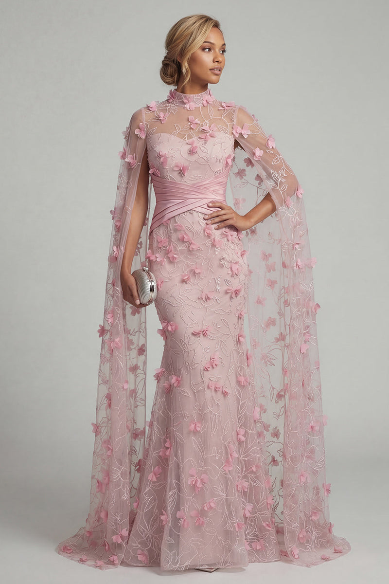 Load image into Gallery viewer, Pink Floral Ruched Mermaid Long Formal Dress with Cape