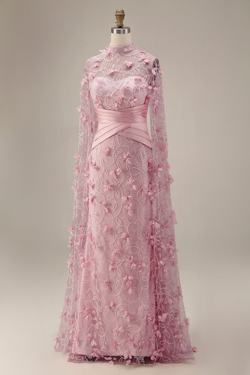Load image into Gallery viewer, Pink Floral Ruched Mermaid Long Formal Dress with Cape
