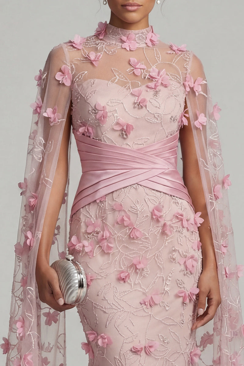 Load image into Gallery viewer, Pink Floral Ruched Mermaid Long Formal Dress with Cape