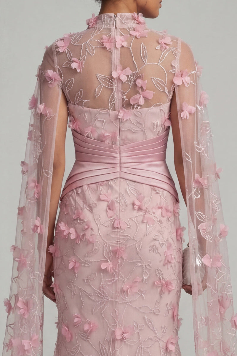 Load image into Gallery viewer, Pink Floral Ruched Mermaid Long Formal Dress with Cape