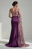 Load image into Gallery viewer, Sparkly Dark Purple Sequin Mermaid Long Floral Formal Dress with Side Cape
