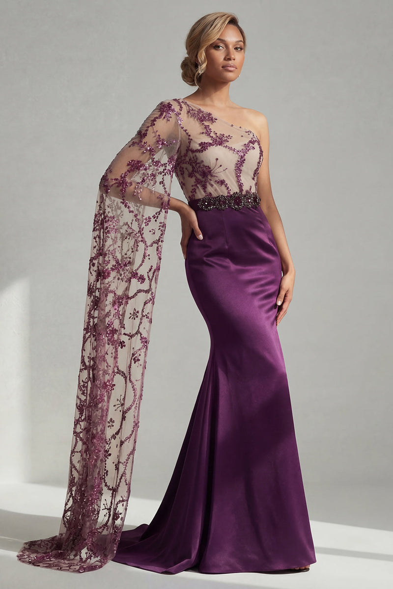 Load image into Gallery viewer, Sparkly Dark Purple Sequin Mermaid Long Floral Formal Dress with Side Cape