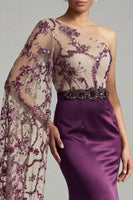 Load image into Gallery viewer, Sparkly Dark Purple Sequin Mermaid Long Floral Formal Dress with Side Cape