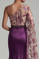 Load image into Gallery viewer, Sparkly Dark Purple Sequin Mermaid Long Floral Formal Dress with Side Cape