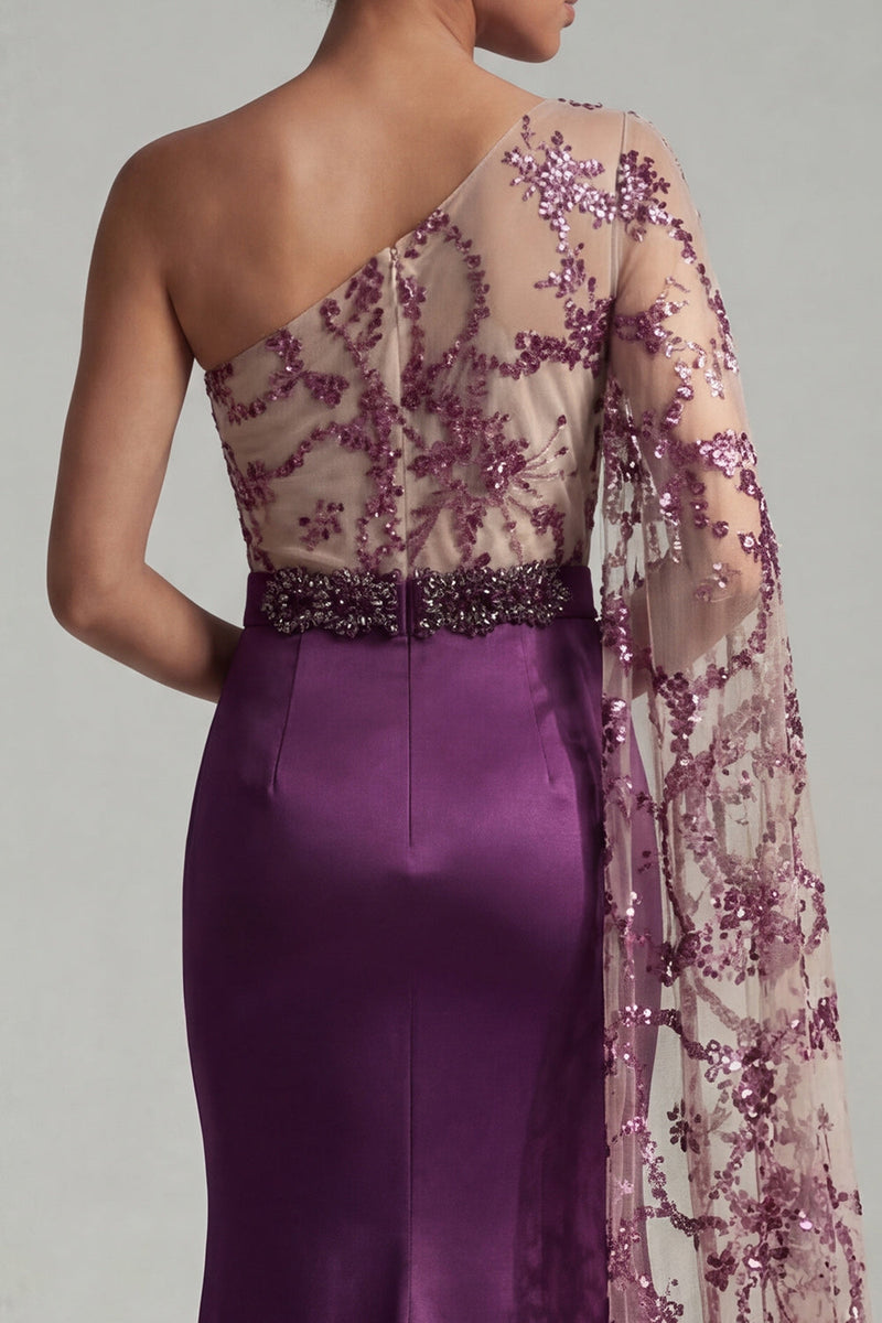 Load image into Gallery viewer, Sparkly Dark Purple Sequin Mermaid Long Floral Formal Dress with Side Cape