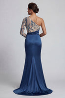 Load image into Gallery viewer, Sparkly Navy Beaded Long Ruched Mermaid Formal Dress
