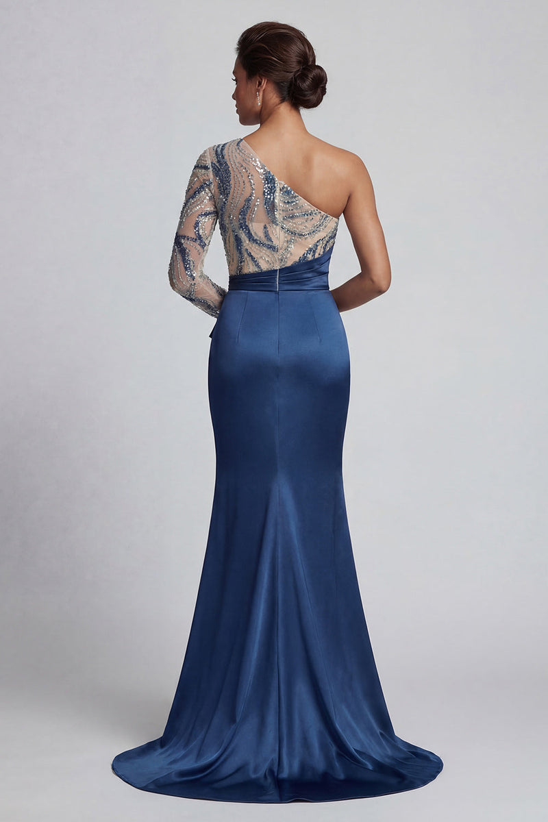 Load image into Gallery viewer, Sparkly Navy Beaded Long Ruched Mermaid Formal Dress