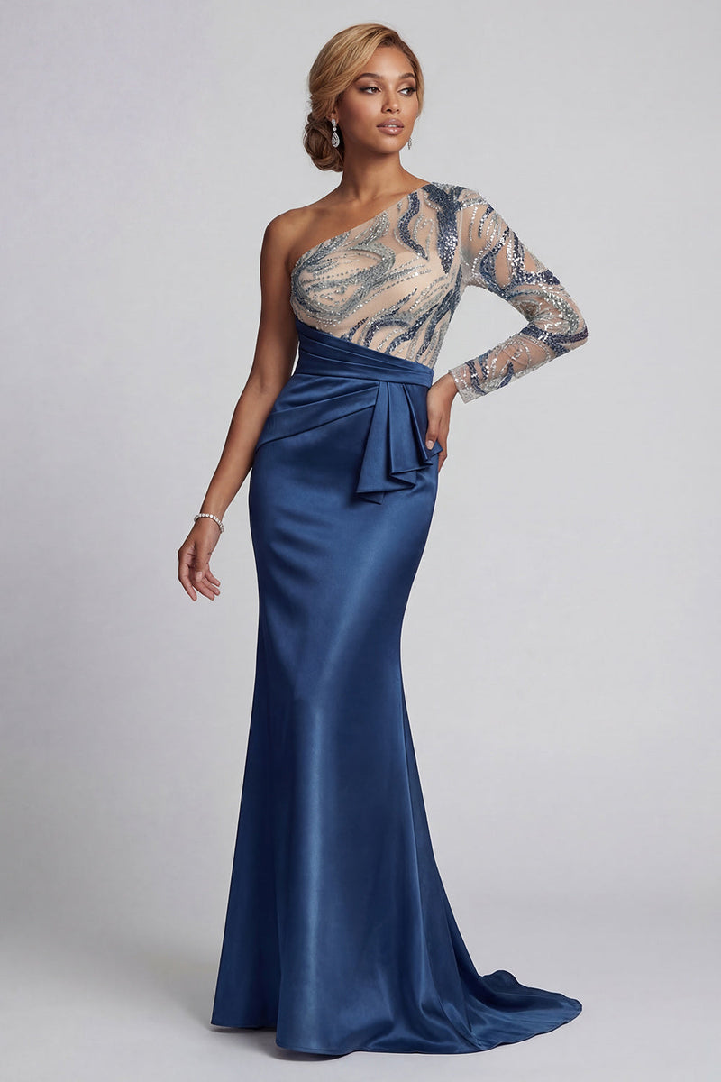 Load image into Gallery viewer, Sparkly Navy Beaded Long Ruched Mermaid Formal Dress