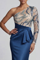 Load image into Gallery viewer, Sparkly Navy Beaded Long Ruched Mermaid Formal Dress