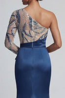 Load image into Gallery viewer, Sparkly Navy Beaded Long Ruched Mermaid Formal Dress