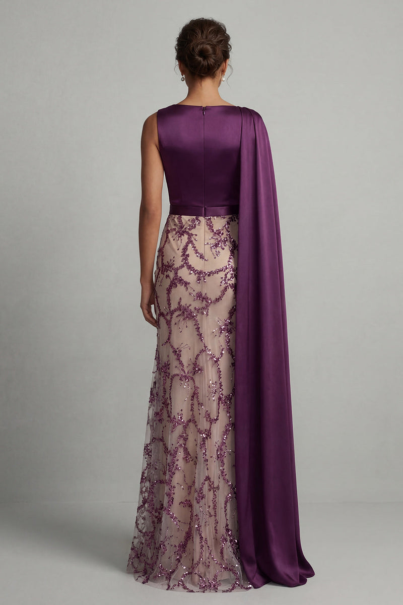 Load image into Gallery viewer, Sparkly Dark Purple Beaded Mermaid Long Formal Dress with Side Cape
