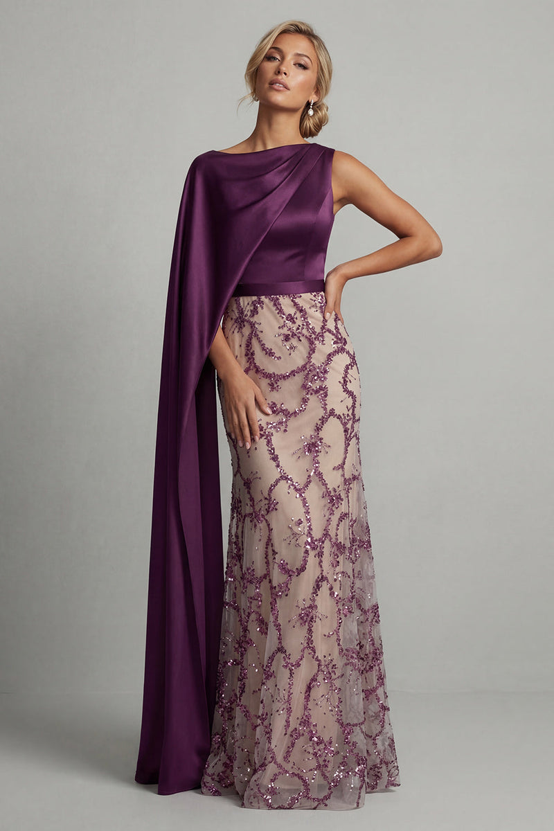 Load image into Gallery viewer, Sparkly Dark Purple Beaded Mermaid Long Formal Dress with Side Cape