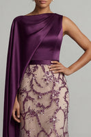 Load image into Gallery viewer, Sparkly Dark Purple Beaded Mermaid Long Formal Dress with Side Cape