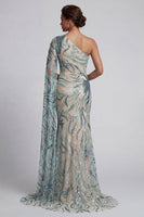 Load image into Gallery viewer, Sparkly Light Blue Long Mermaid Beaded Formal Dress with Side Cape