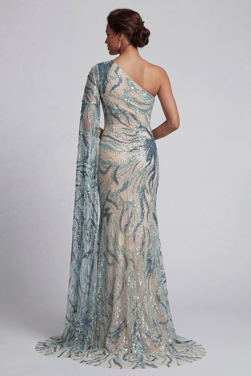 Load image into Gallery viewer, Sparkly Light Blue Long Mermaid Beaded Formal Dress with Side Cape