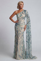 Load image into Gallery viewer, Sparkly Light Blue Long Mermaid Beaded Formal Dress with Side Cape