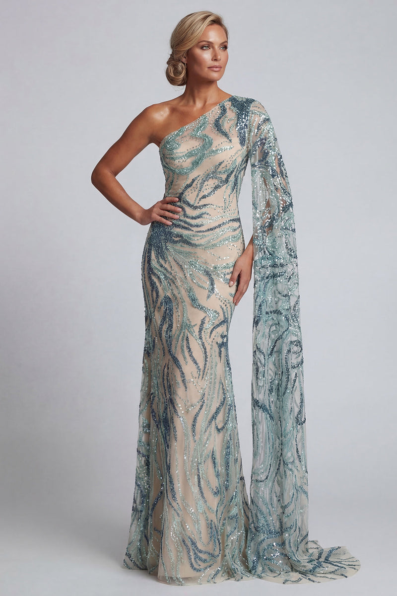 Load image into Gallery viewer, Sparkly Light Blue Long Mermaid Beaded Formal Dress with Side Cape