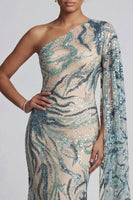 Load image into Gallery viewer, Sparkly Light Blue Long Mermaid Beaded Formal Dress with Side Cape